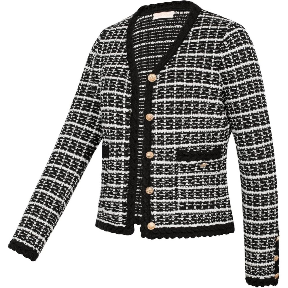 Women Cardigan Sweaters Tweed Pattern Jacket V Neck Sweater Blazer with Button